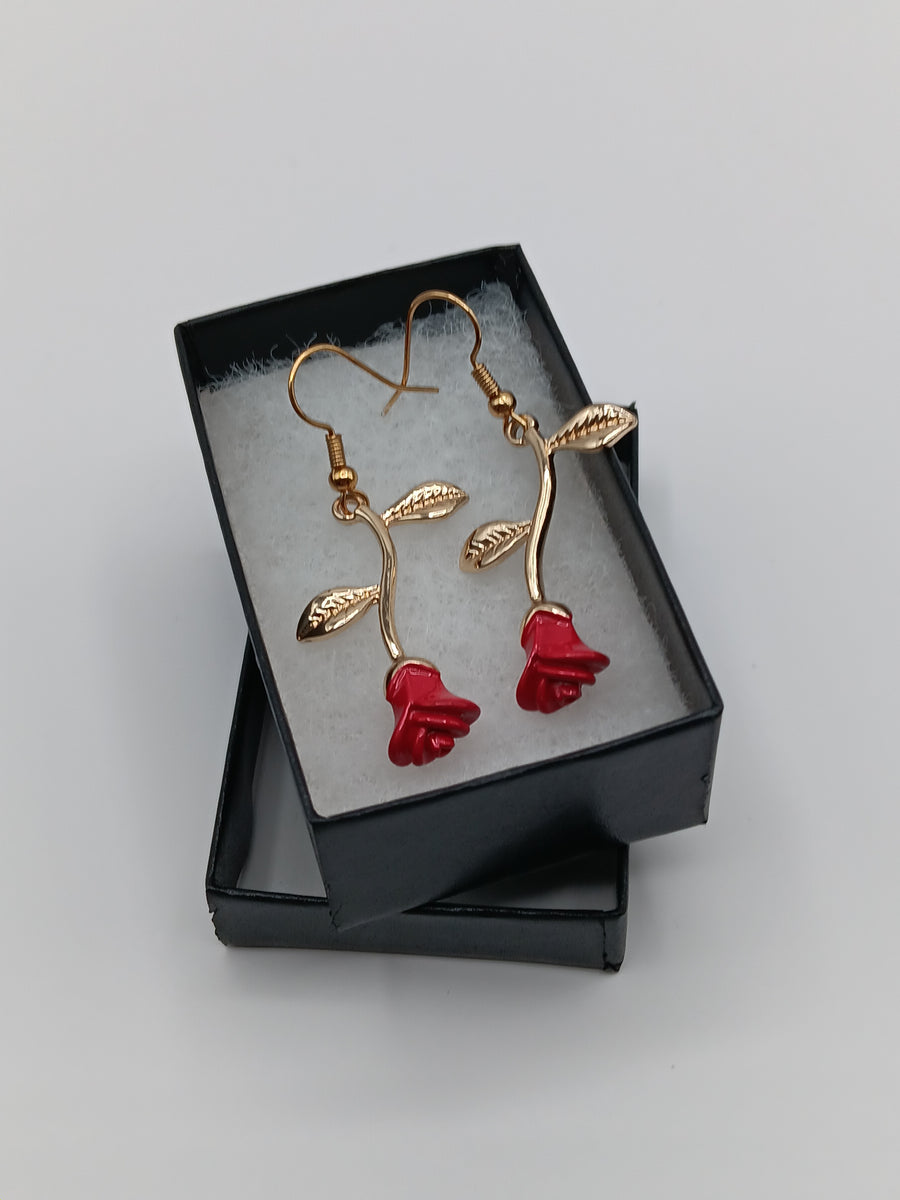 Gold Red Rose Earrings